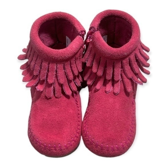 Minnetonka hot pink double fringe boots baby girl size 3 - Picture 3 of 10